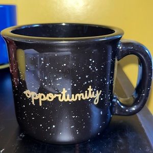 Camping mug black speckled mug “Opportunities”